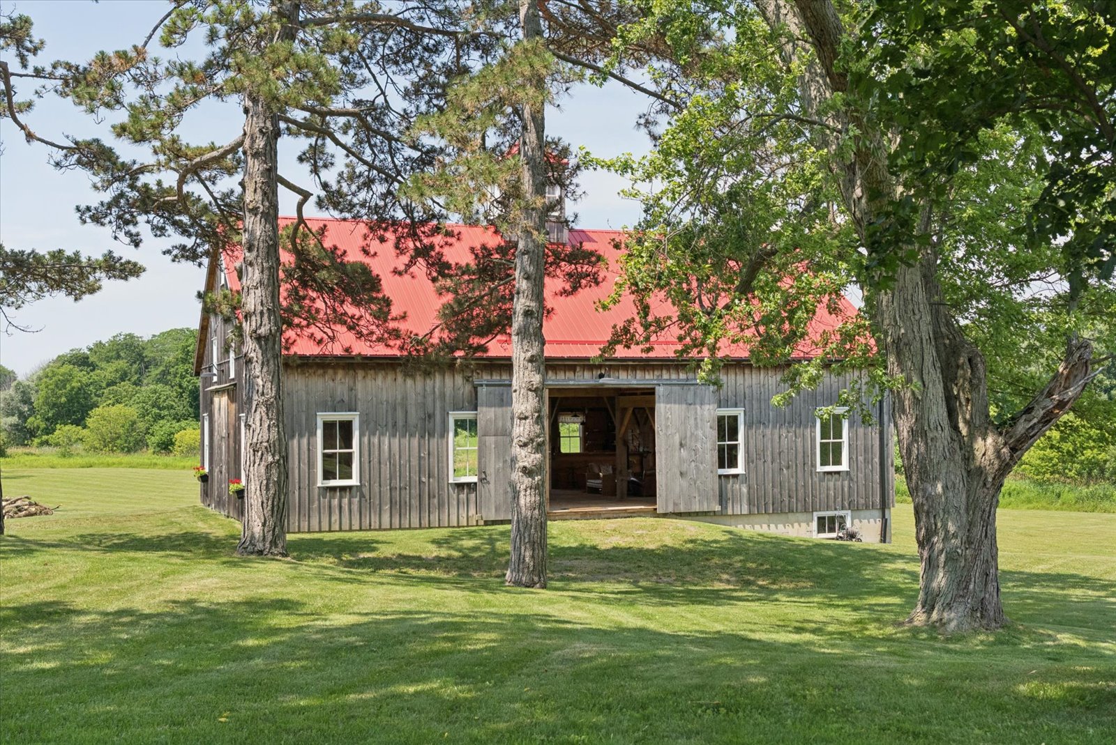 Barn front with open drive doors framed by old pines