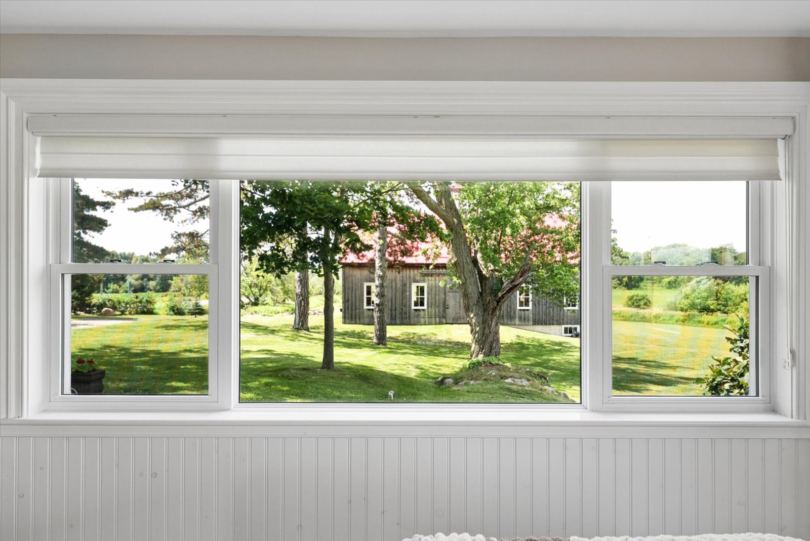 Picture window framing the timber barn and lawns