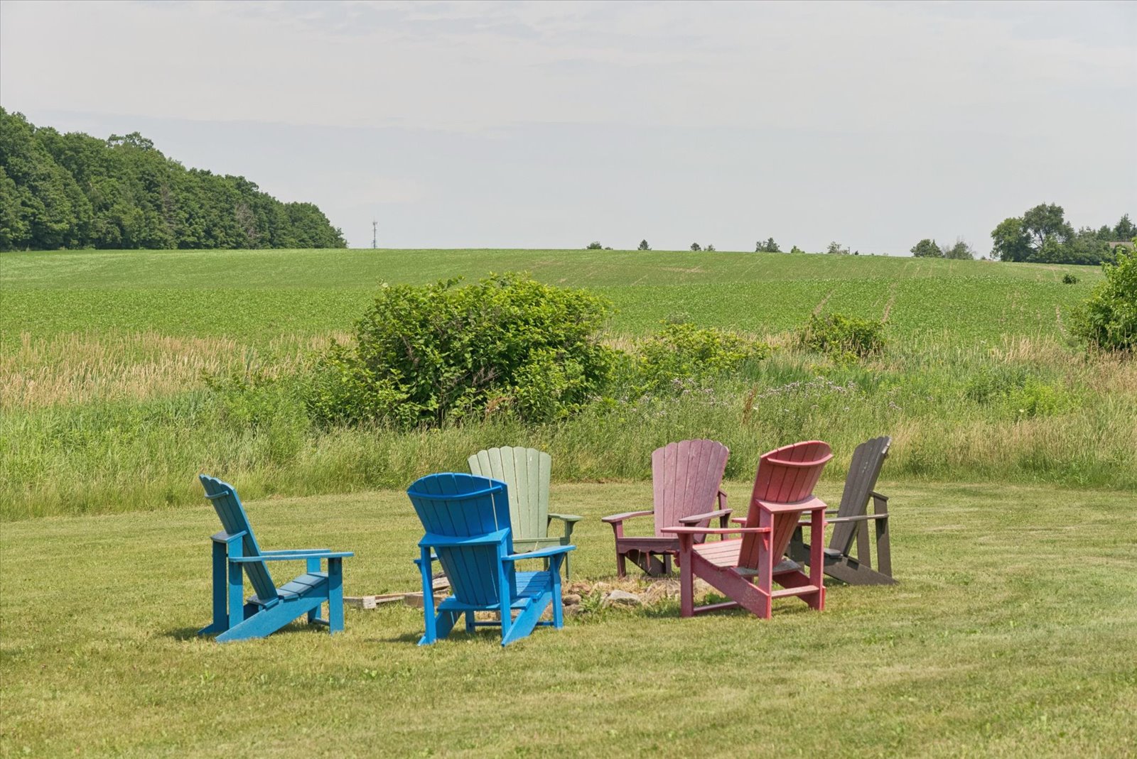 Fire pit chairs facing the open farmland