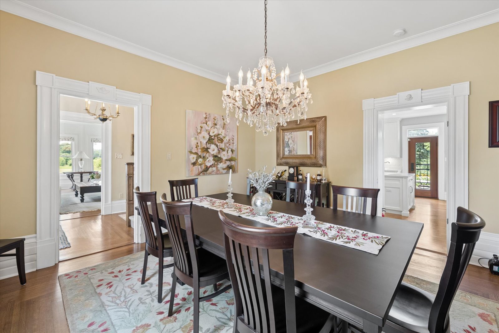 Dining room sightlines to the billiard room and kitchen